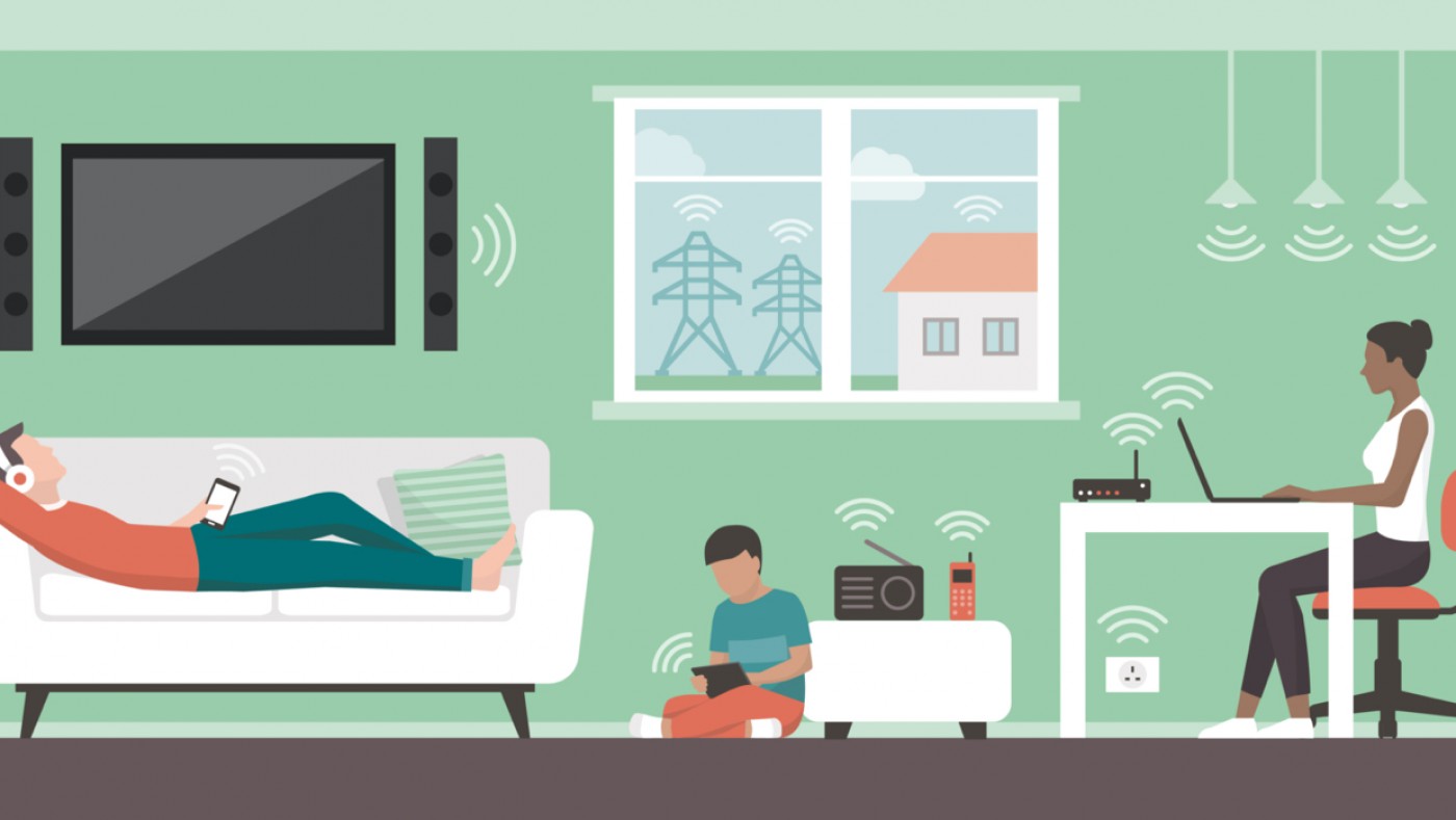 Illustrated family using wifi at home