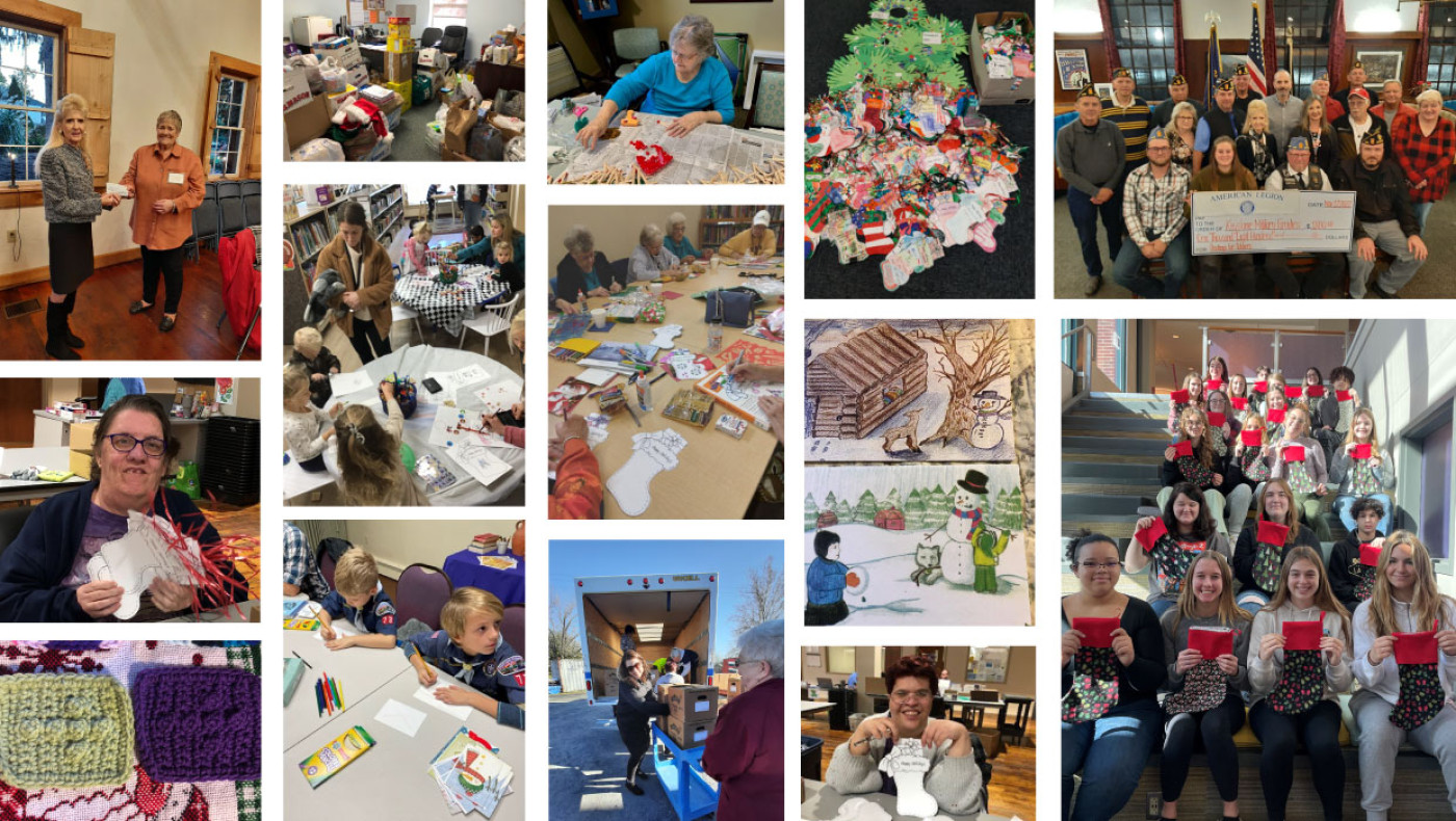 collage of stockings for soldiers donations