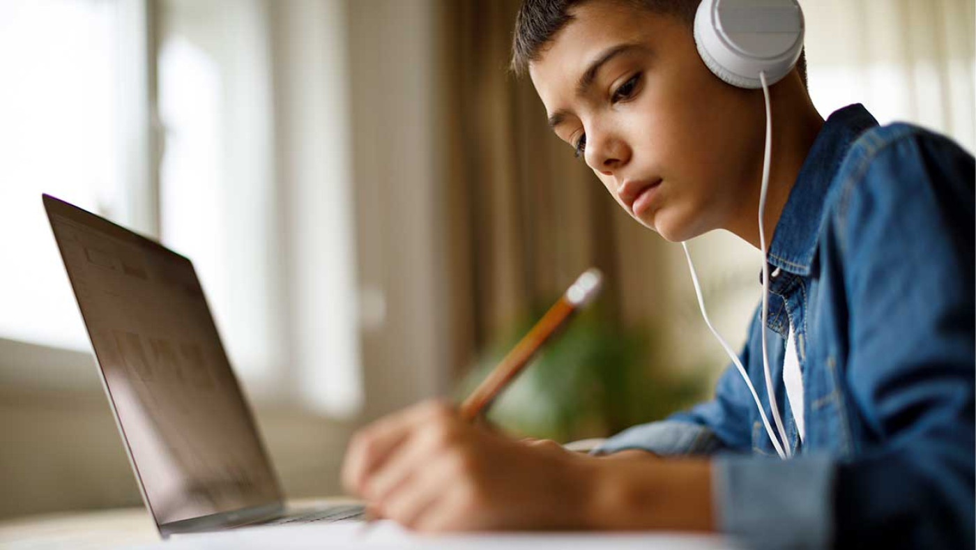 boy doing homework online