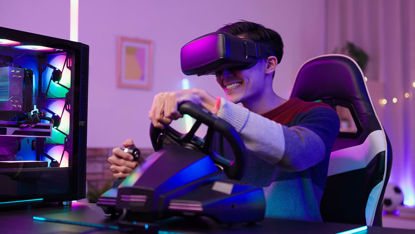 boy playing virtual reality game online