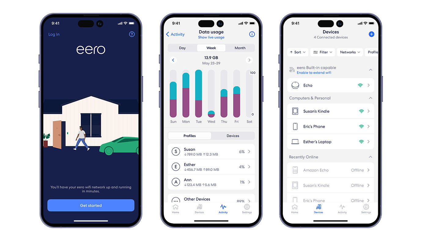 Three mobile devices with the eero app pages present