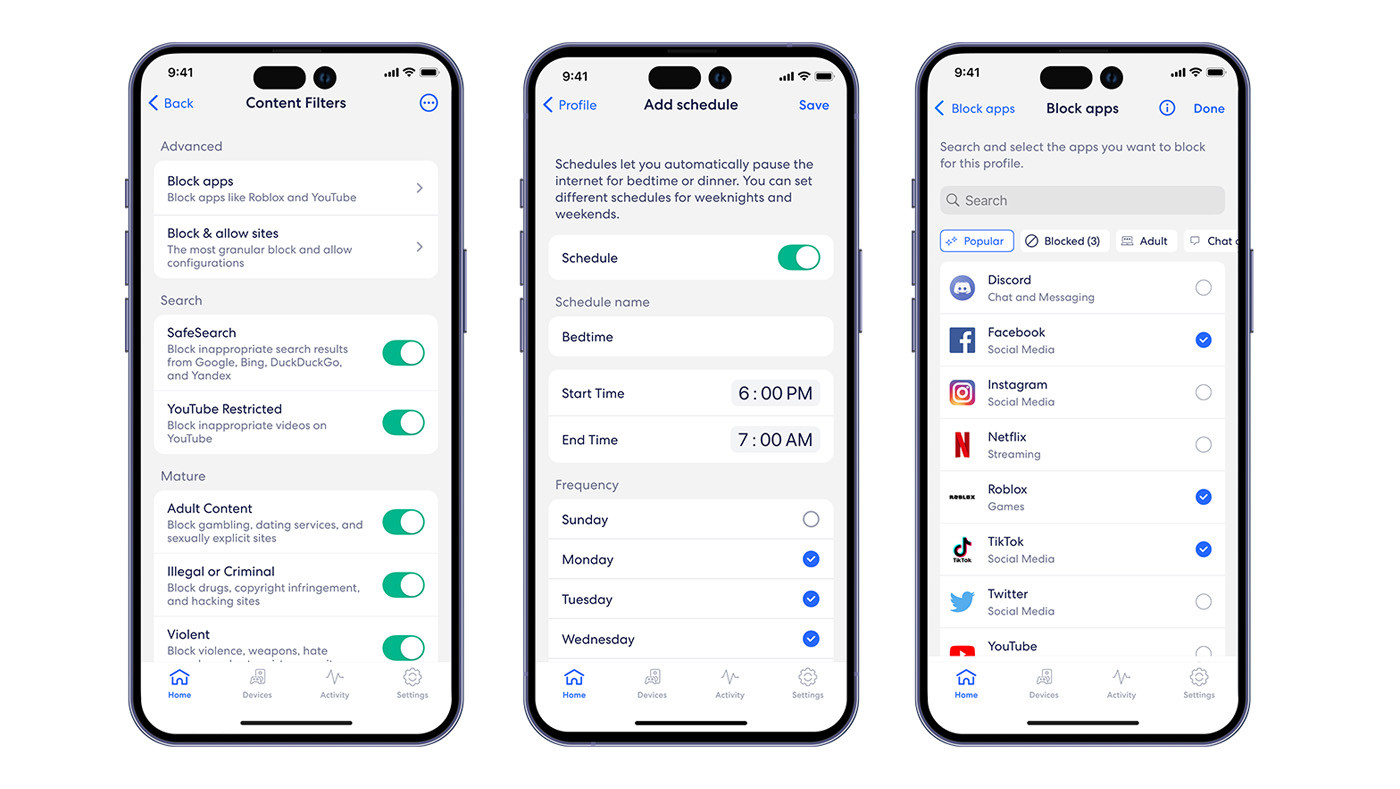 Three mobile devices with the eero app pages present