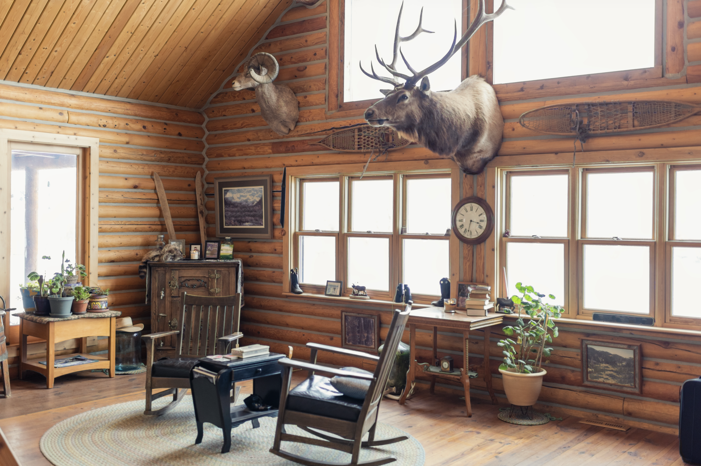 interior shot of a winter log cabin